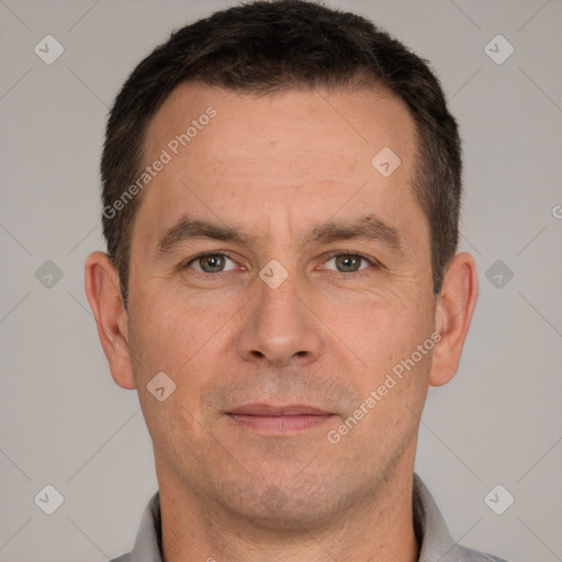 Neutral white adult male with short  brown hair and brown eyes