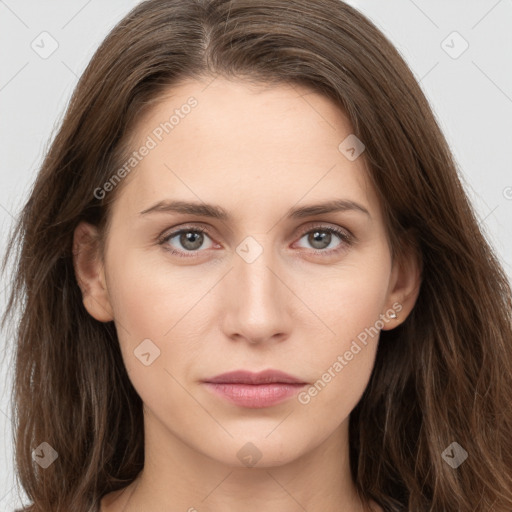 Neutral white young-adult female with long  brown hair and grey eyes