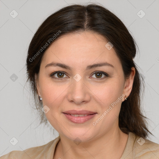 Joyful white young-adult female with medium  brown hair and brown eyes