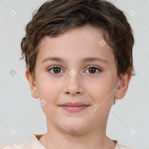 Joyful white child female with short  brown hair and brown eyes