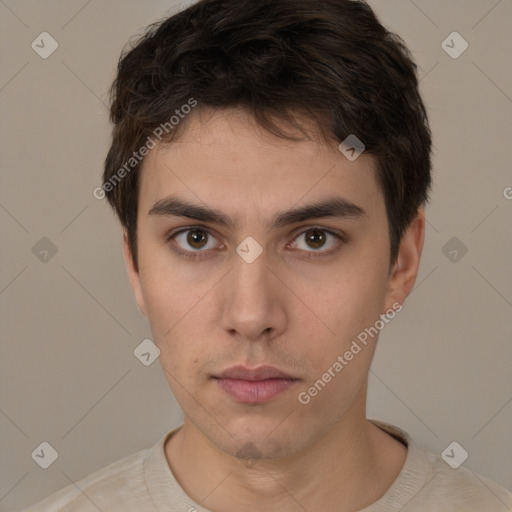 Neutral white young-adult male with short  brown hair and brown eyes