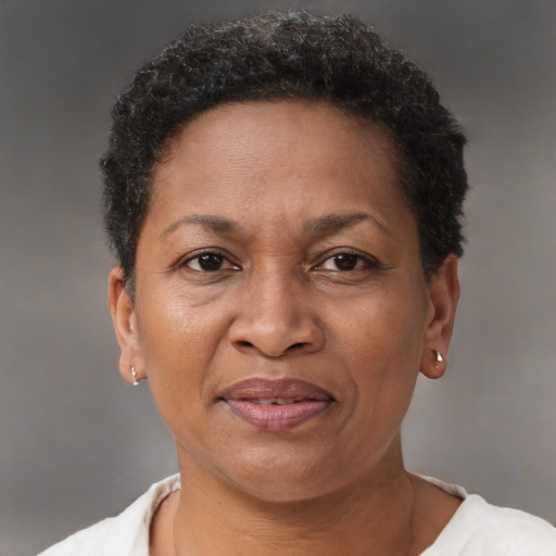 Joyful black adult female with short  brown hair and brown eyes