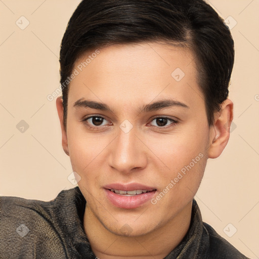 Joyful white young-adult female with short  brown hair and brown eyes