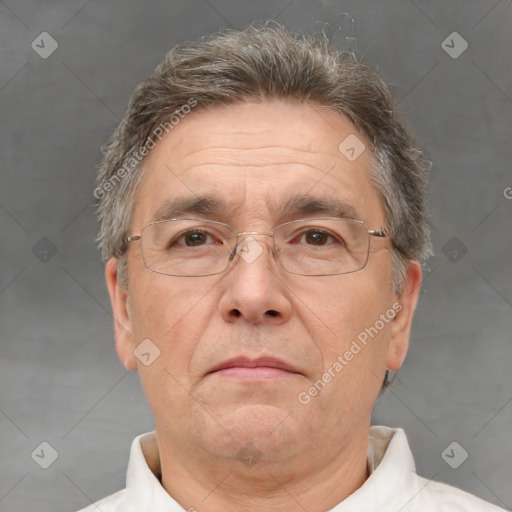 Neutral white middle-aged male with short  brown hair and brown eyes