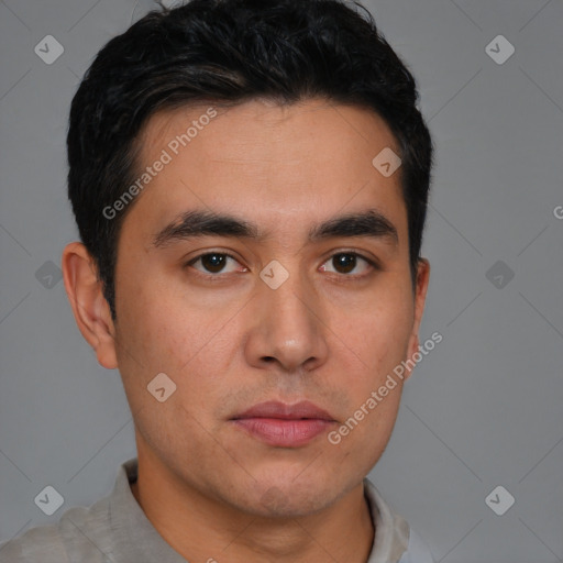 Neutral asian young-adult male with short  black hair and brown eyes