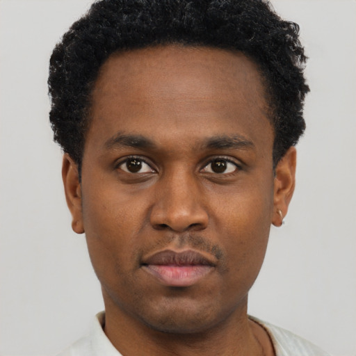 Neutral black young-adult male with short  brown hair and brown eyes