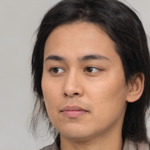Neutral asian young-adult female with long  brown hair and brown eyes
