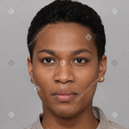 Neutral black young-adult female with short  black hair and brown eyes