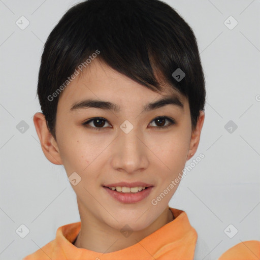 Joyful asian young-adult female with short  brown hair and brown eyes