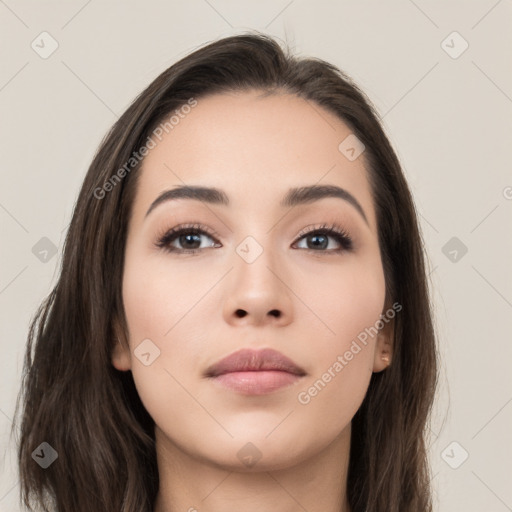 Neutral white young-adult female with long  brown hair and brown eyes