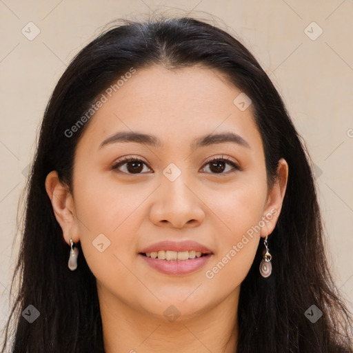 Joyful white young-adult female with long  brown hair and brown eyes