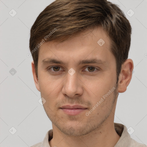 Neutral white young-adult male with short  brown hair and brown eyes