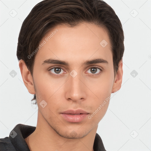 Neutral white young-adult male with short  brown hair and brown eyes