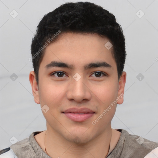 Joyful latino young-adult male with short  brown hair and brown eyes