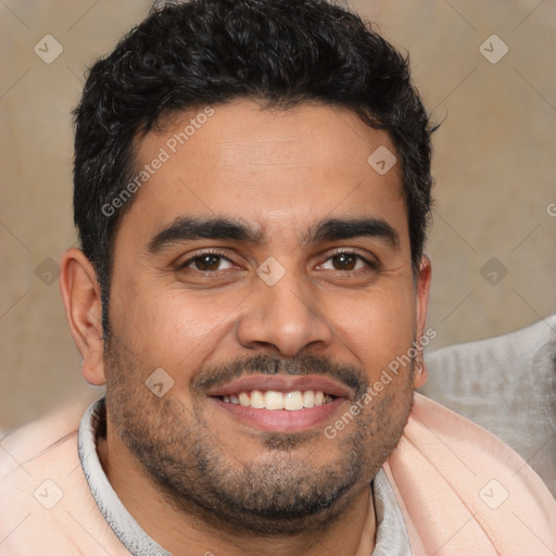 Joyful latino young-adult male with short  brown hair and brown eyes