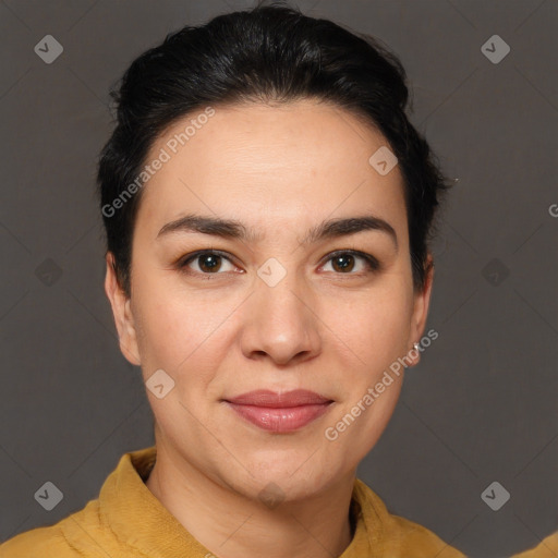 Joyful white young-adult female with medium  brown hair and brown eyes