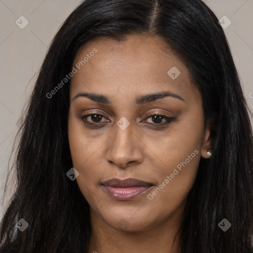 Joyful asian young-adult female with long  brown hair and brown eyes