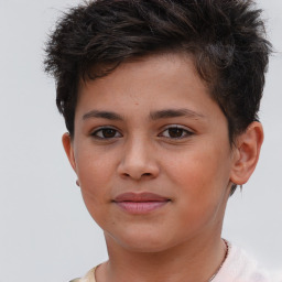 Joyful white child female with short  brown hair and brown eyes