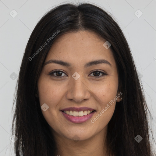 Joyful latino young-adult female with long  brown hair and brown eyes