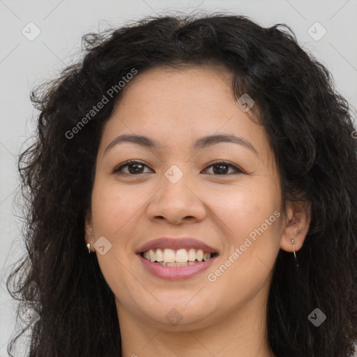 Joyful asian young-adult female with long  brown hair and brown eyes