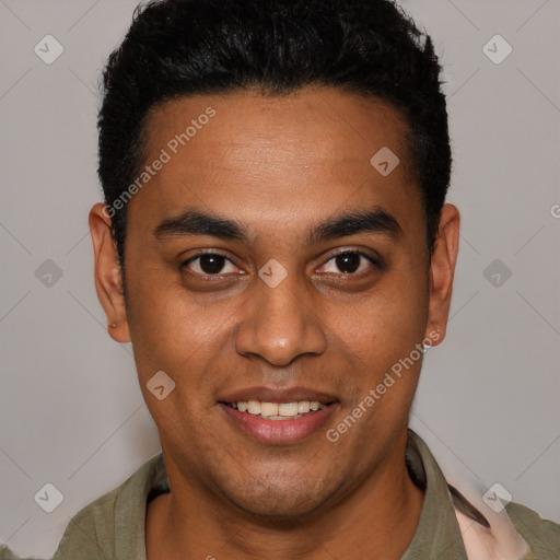 Joyful latino young-adult male with short  black hair and brown eyes