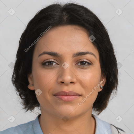 Joyful latino young-adult female with medium  brown hair and brown eyes