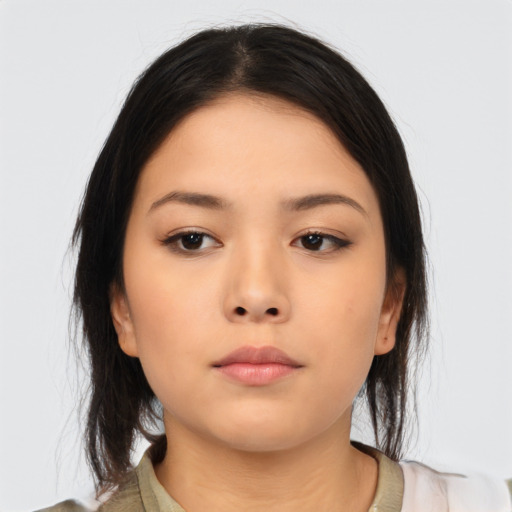 Neutral asian young-adult female with medium  brown hair and brown eyes