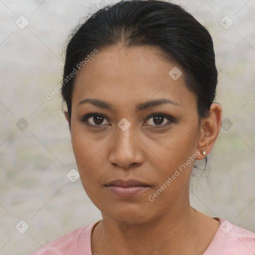 Neutral asian young-adult female with short  brown hair and brown eyes