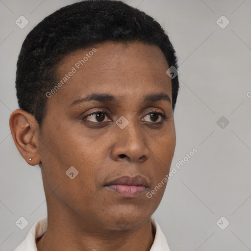 Neutral black young-adult female with short  brown hair and brown eyes