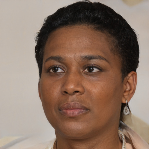 Neutral black young-adult female with short  brown hair and brown eyes