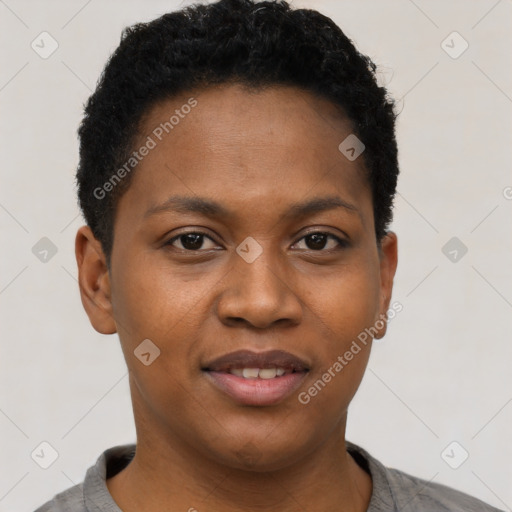 Joyful black young-adult female with short  black hair and brown eyes