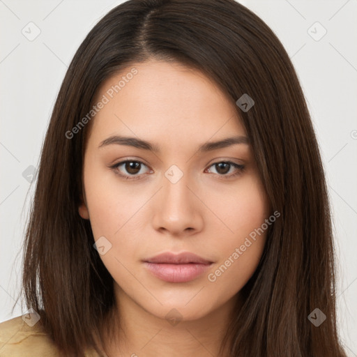 Neutral white young-adult female with long  brown hair and brown eyes