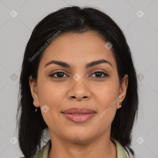 Joyful latino young-adult female with medium  brown hair and brown eyes