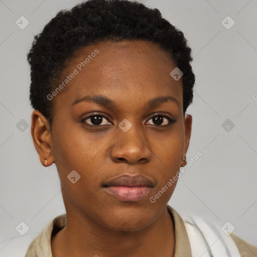 Neutral black young-adult female with short  brown hair and brown eyes