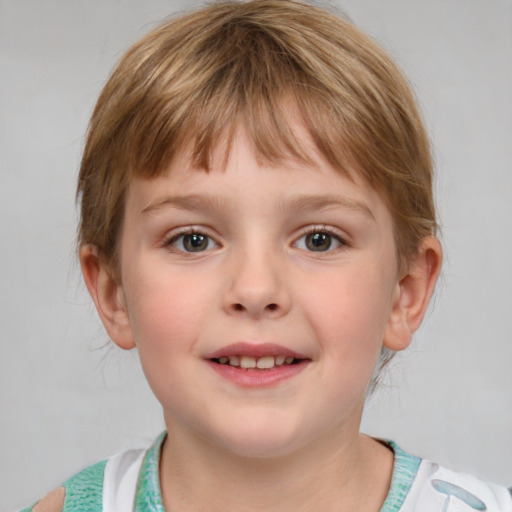 Joyful white child female with medium  brown hair and blue eyes