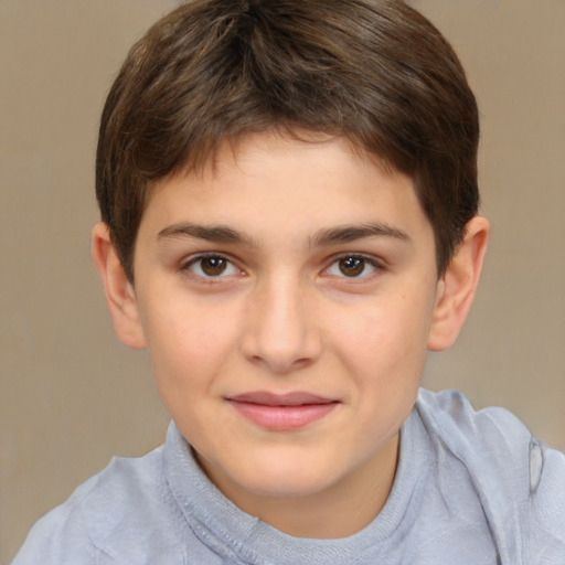 Joyful white child female with short  brown hair and brown eyes