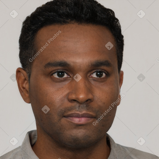 Neutral black young-adult male with short  black hair and brown eyes