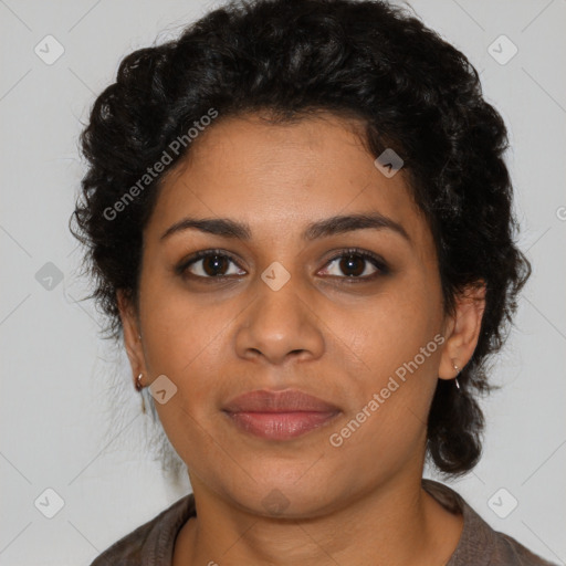 Joyful latino young-adult female with short  brown hair and brown eyes