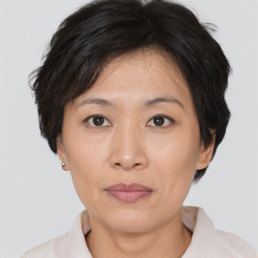 Joyful asian adult female with short  brown hair and brown eyes