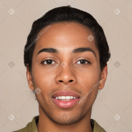 Joyful latino young-adult male with short  black hair and brown eyes