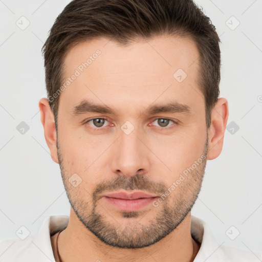 Neutral white young-adult male with short  brown hair and brown eyes