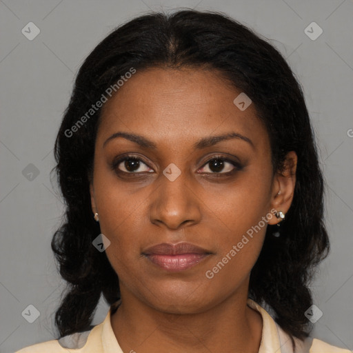 Joyful black young-adult female with medium  brown hair and brown eyes