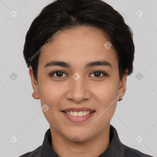 Joyful white young-adult female with short  brown hair and brown eyes