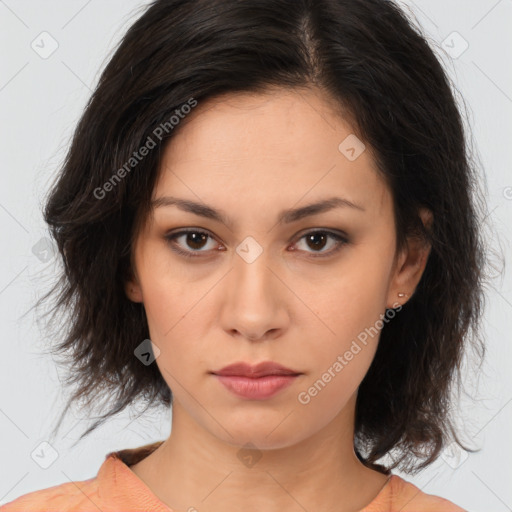 Neutral white young-adult female with medium  brown hair and brown eyes