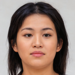 Neutral asian young-adult female with medium  brown hair and brown eyes