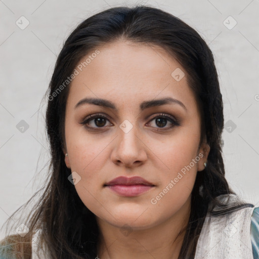 Neutral white young-adult female with long  brown hair and brown eyes