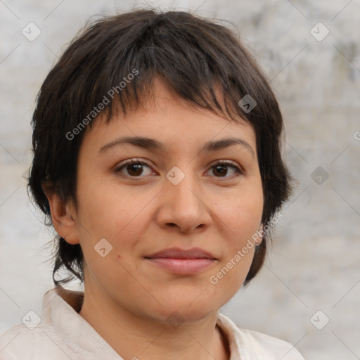 Joyful white young-adult female with medium  brown hair and brown eyes