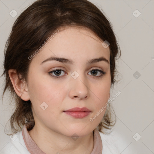 Neutral white young-adult female with medium  brown hair and brown eyes