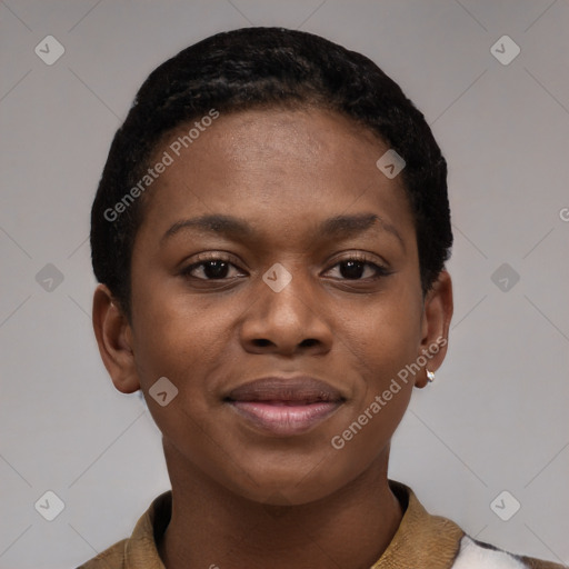 Joyful black young-adult female with short  black hair and brown eyes