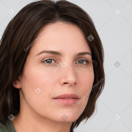 Neutral white young-adult female with medium  brown hair and grey eyes